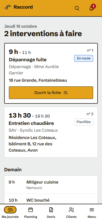 Ma journée : la liste des interventions du jour avec l'adresse et le bouton « En route ».